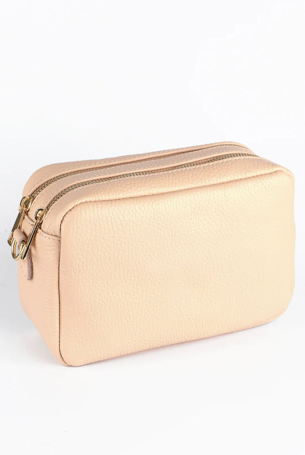 Nude Italian Leather Double Section Crossbody Camera Bag