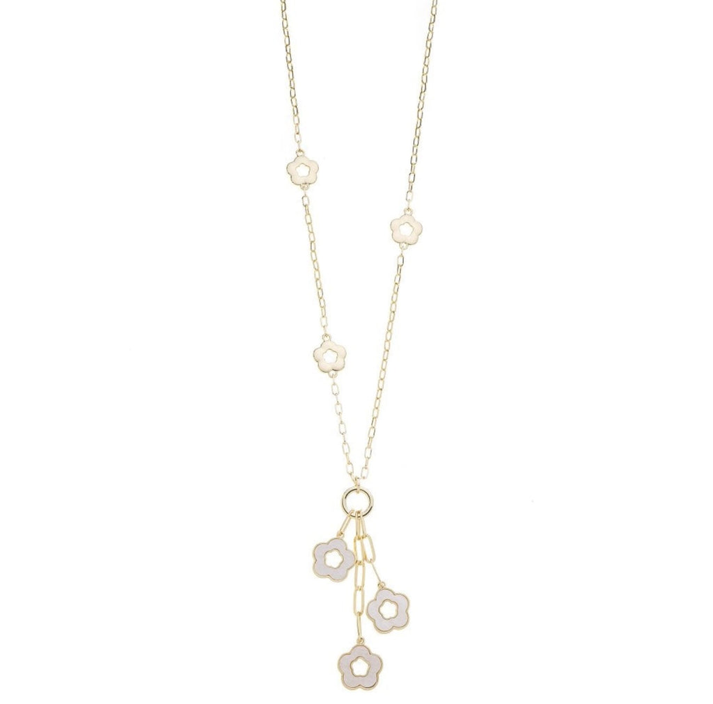 Gold & White Triple Flower Long Necklace