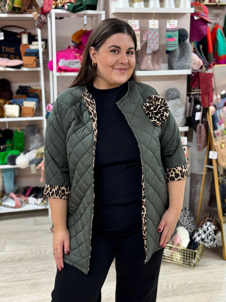 Khaki & Leopard Trim Quilted Coat