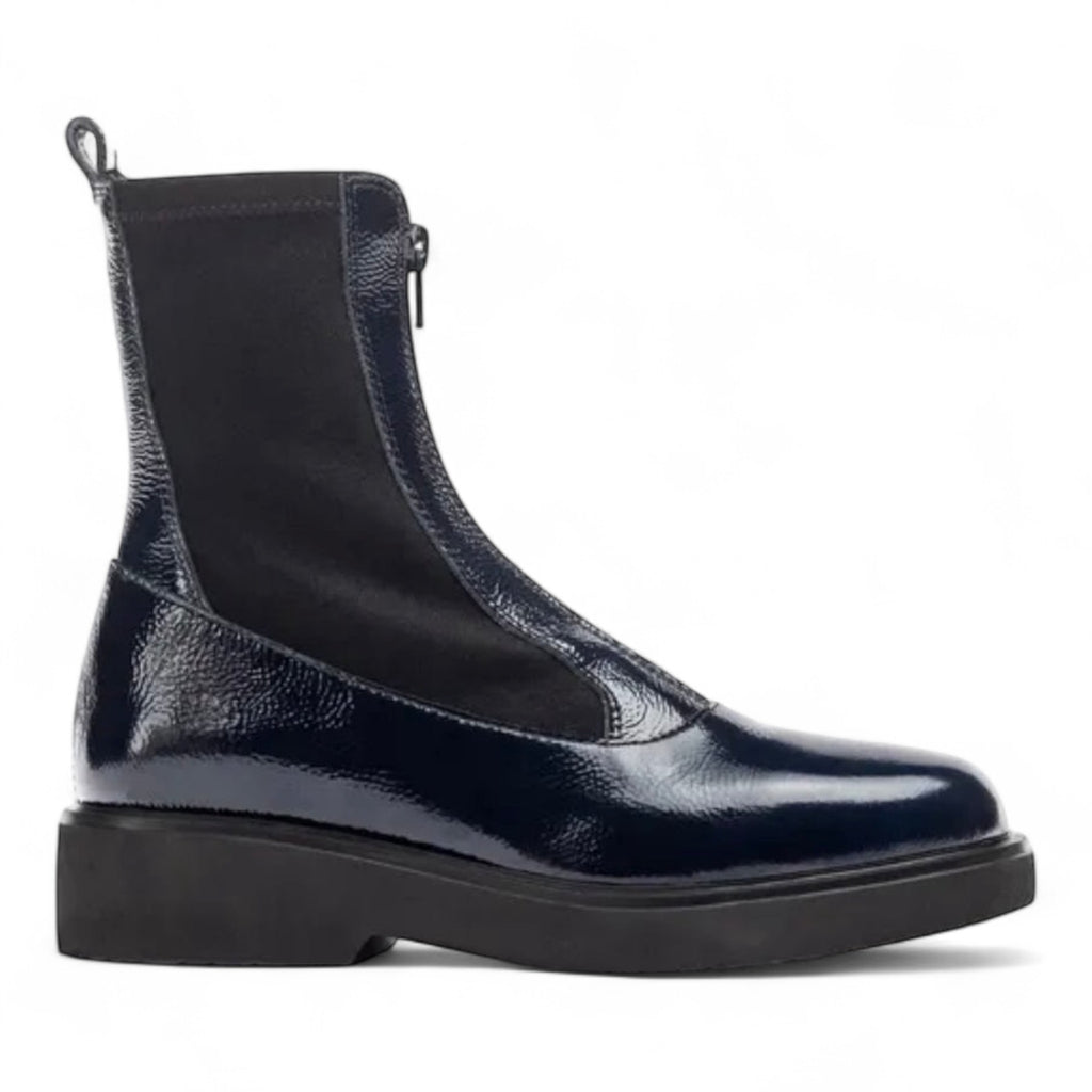 Unisa Foggia Navy Patent Leather Zip Front Ankle Boots