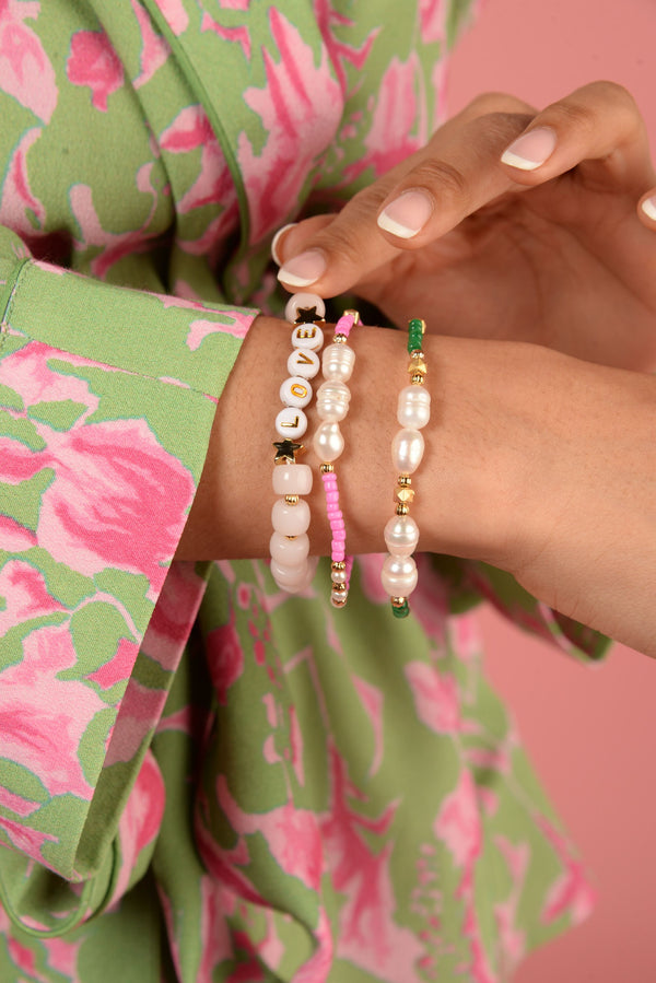 Dusky Pink Beaded ‘Love’ Bracelet