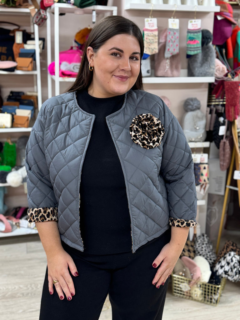 Grey & Leopard Trim Quilted Coat