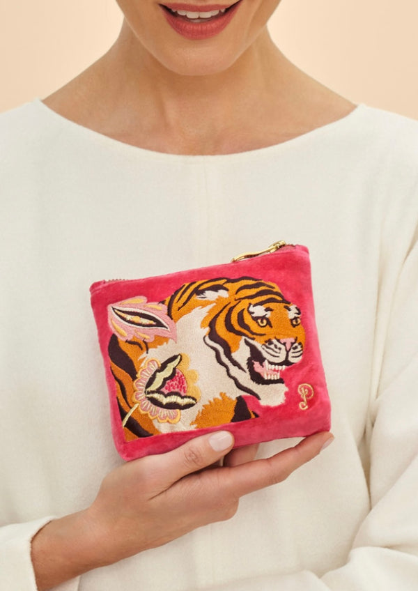 Powder Thrill Of The Tiger Velvet Embroidered Mini Pouch