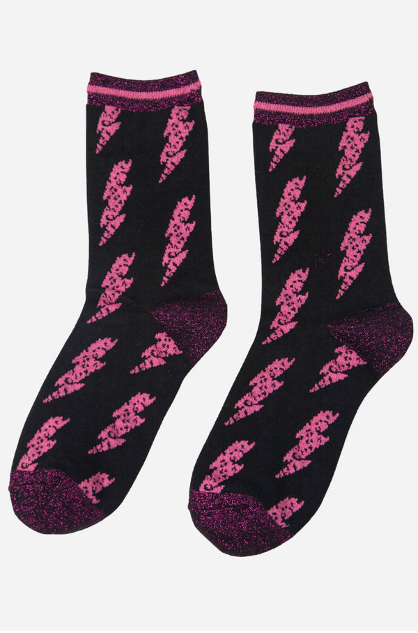 Black & Pink Lightening Bolt Shimmer Socks