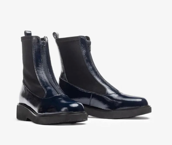 Unisa Foggia Navy Patent Leather Zip Front Ankle Boots