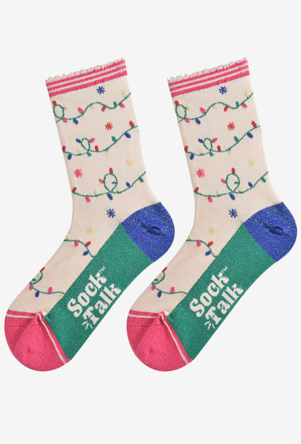 Cream & Pink Party Lights Shimmer Socks