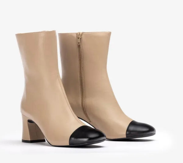 Unisa Meila Beige Leather Heeled Boots with Black Toe