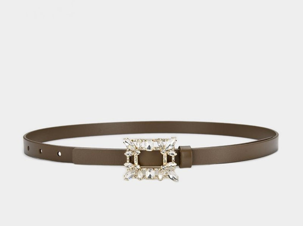 Brown Slim Leather Belt with Crystal Buckle