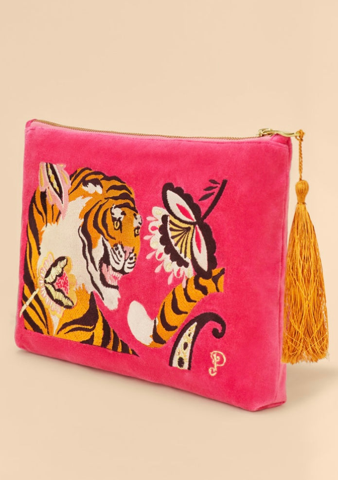 Powder Thrill Of The Tiger Velvet Embroidered Pouch