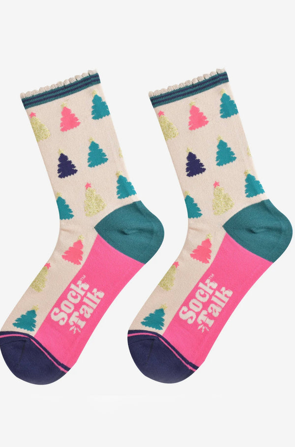 Cream & Pink Christmas Tree Shimmer Socks