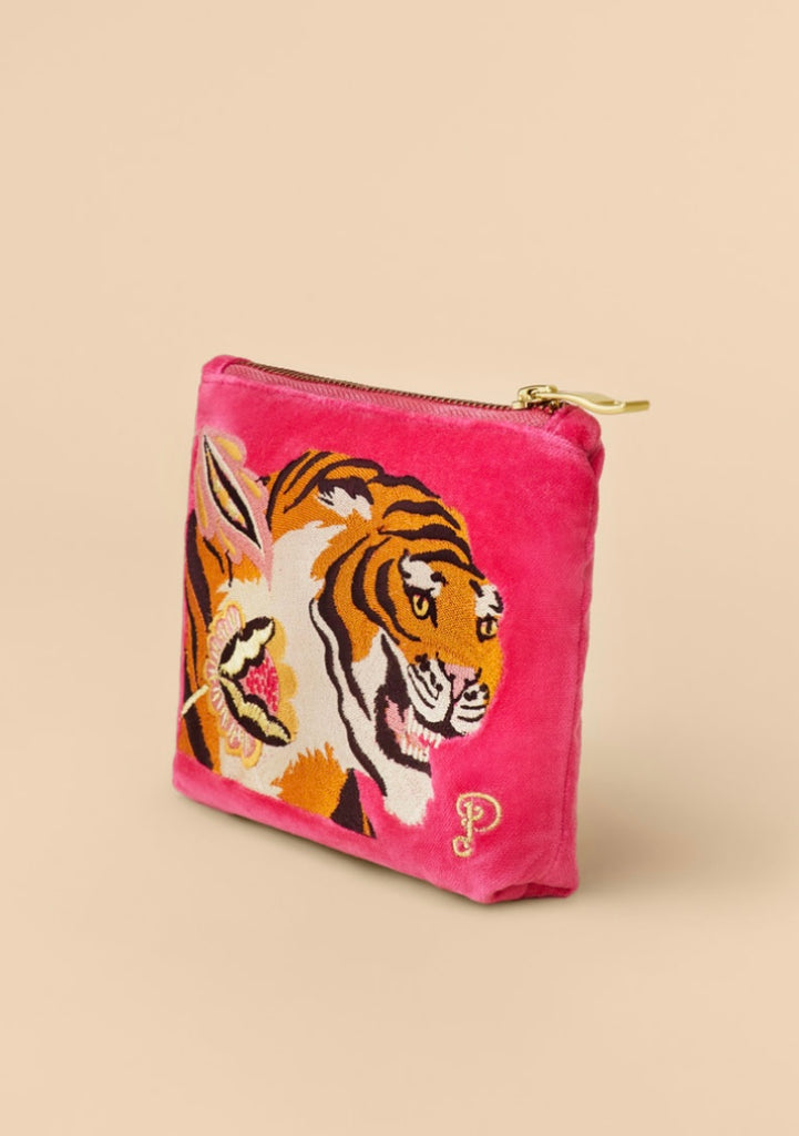 Powder Thrill Of The Tiger Velvet Embroidered Mini Pouch