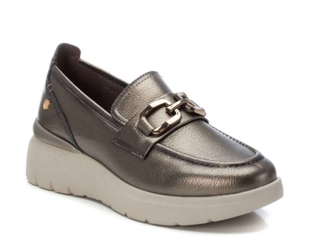 Pewter Leather Loafers with Chain Detail