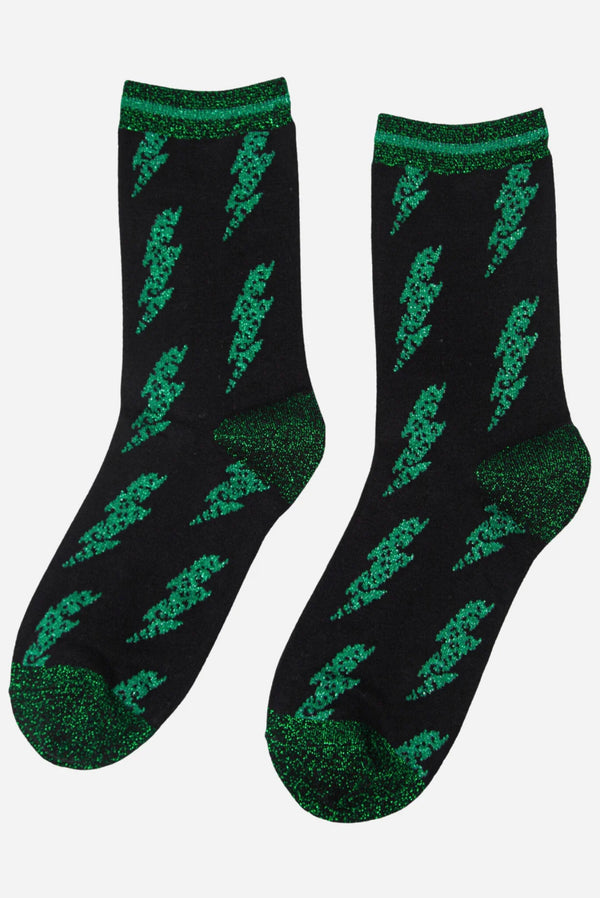 Black & Green Lightening Bolt Shimmer Socks