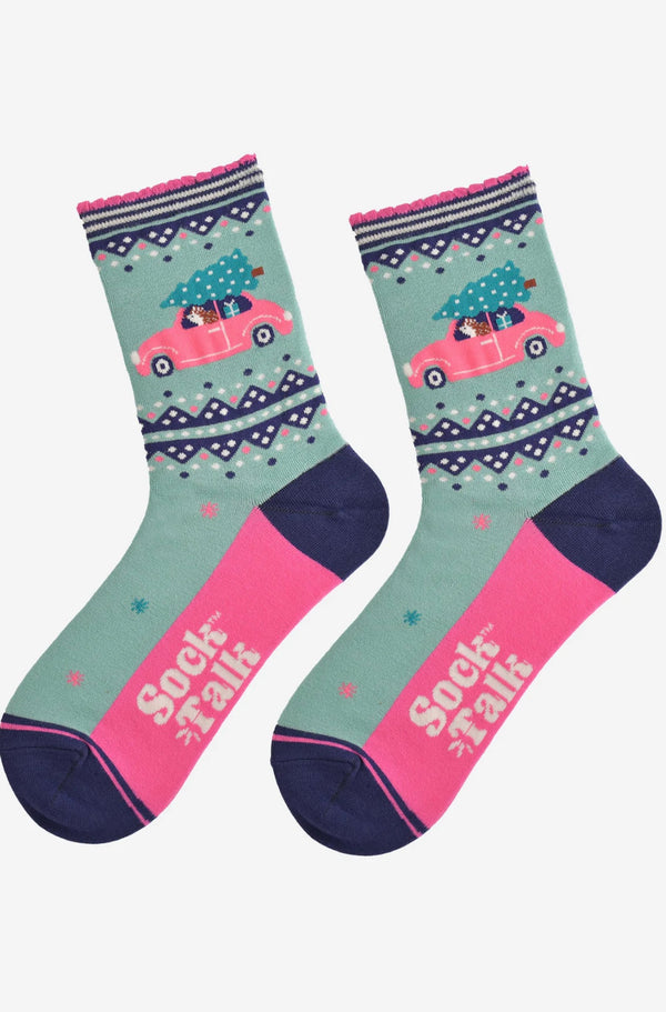 Green & Pink Christmas Hedgehog Socks