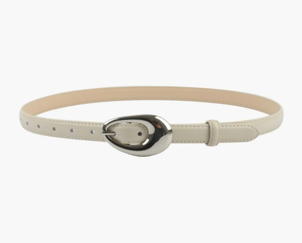 Cream Slim Leather Belt with Oval Buckle