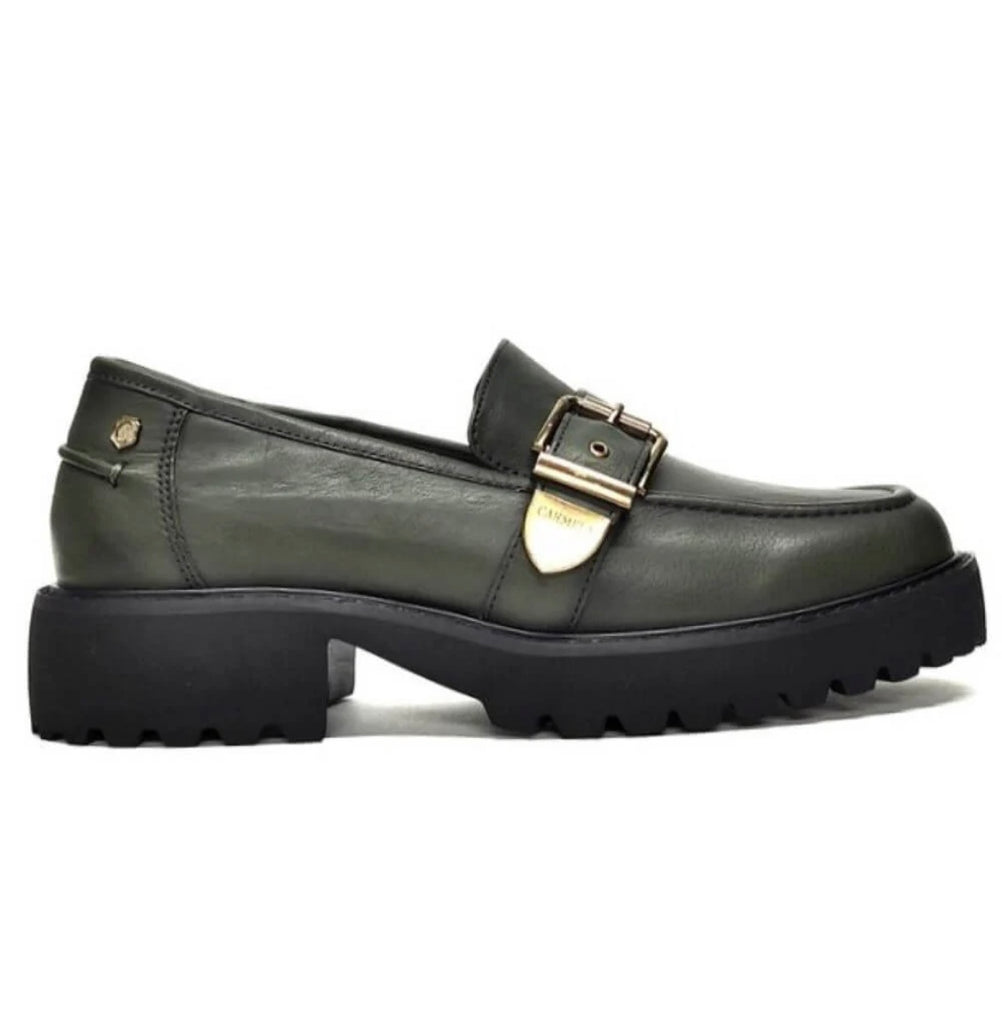 Carmela Khaki Leather Loafers with Buckle