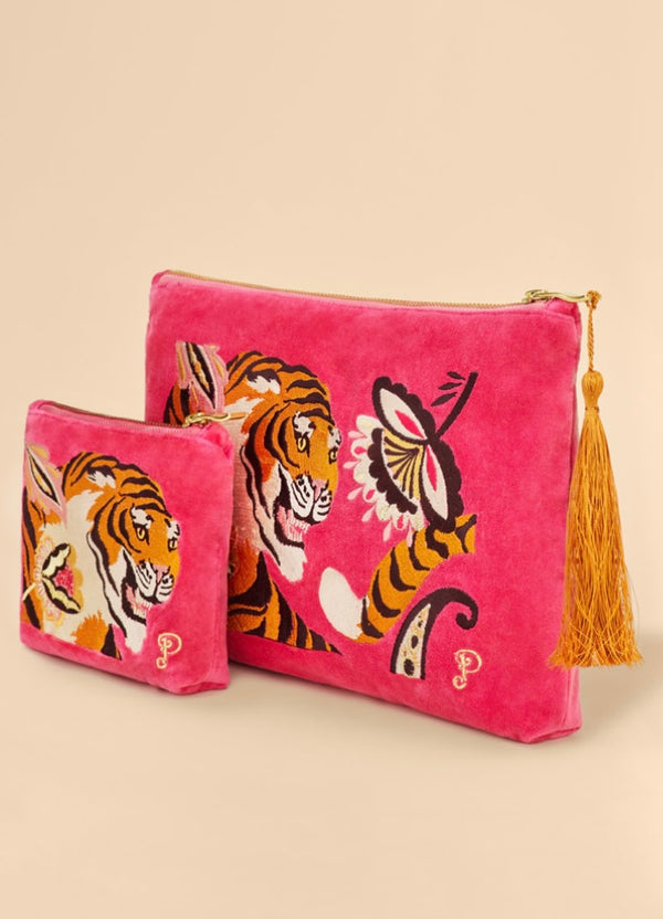 Powder Thrill Of The Tiger Velvet Embroidered Pouch