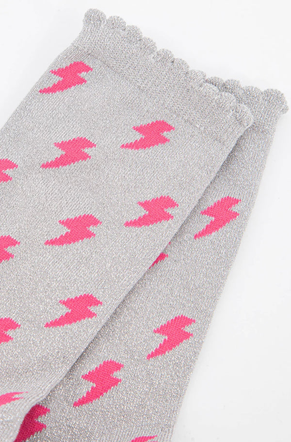 Grey & Pink Lightening Bolt Shimmer Socks