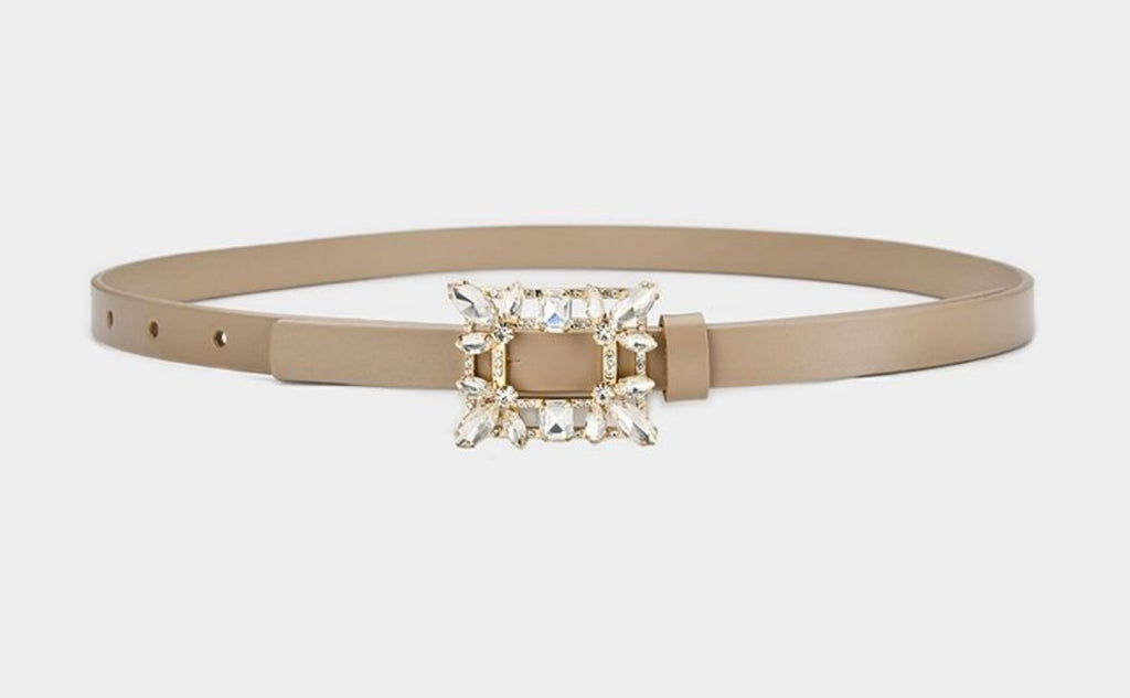 Taupe Slim Leather Belt with Crystal Buckle