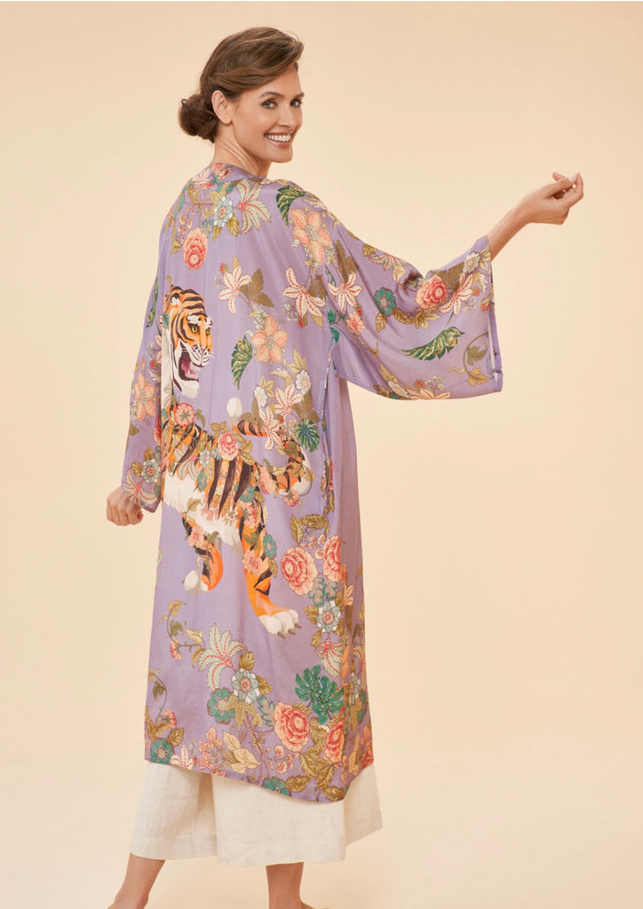 Lilac Prancing Tiger Kimono Gown