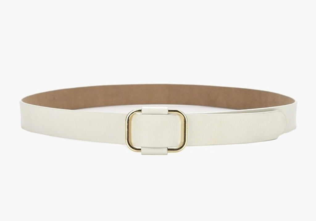 Cream Leather Belt with Gold Buckle