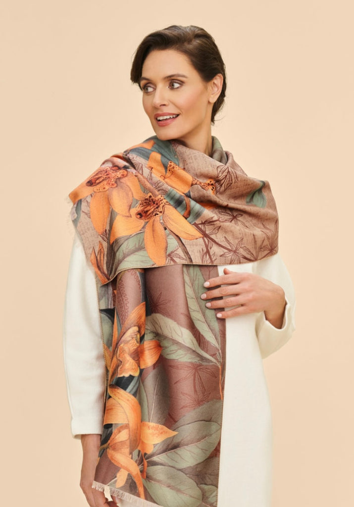 Powder Chocolate Luxurious Botany Print Scarf