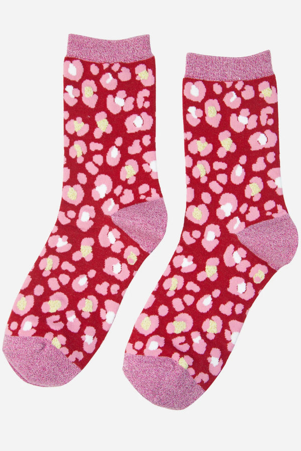 Red & Pink Leopard Print Shimmer Socks