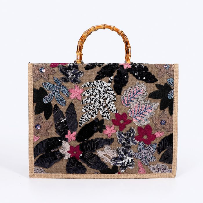 Black & Pink Embroidered Bamboo Handle Handbag