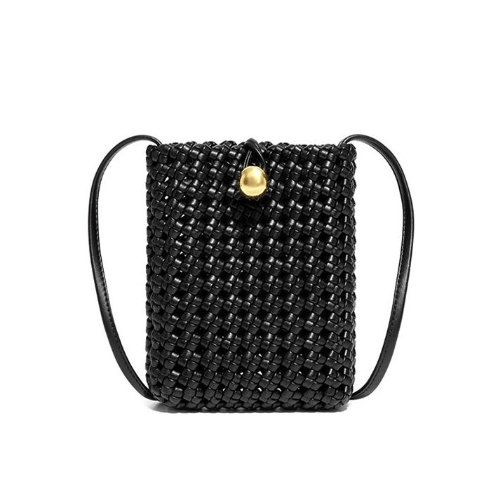 Black Woven Bag With Gold Button Detail