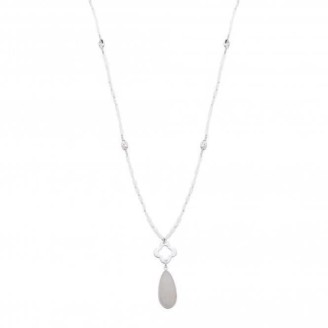 Silver & White Crystal Long Pendant Necklace