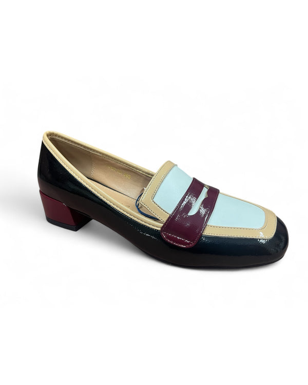 Dancing Matilda Trapeze 021 Black Heeled Court Shoe with Burgundy, Nude & White