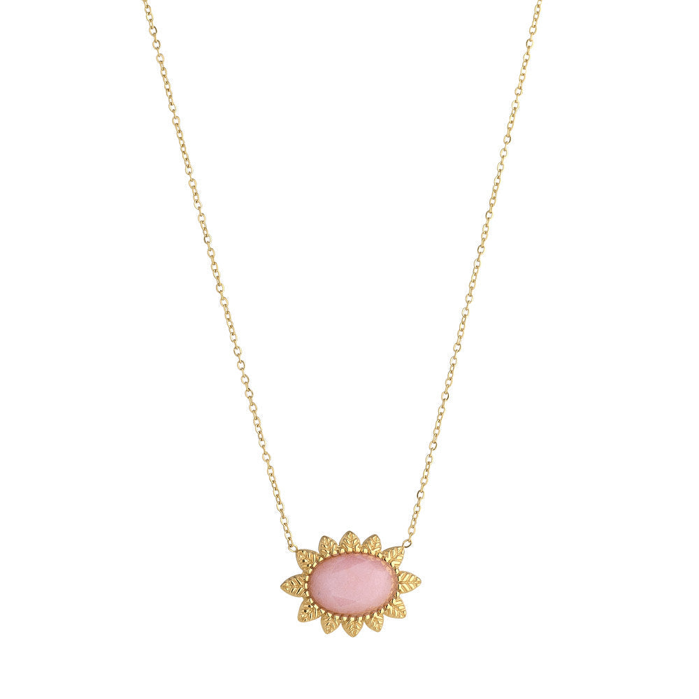 Gold & Pink Jade Semi Precious Stone Necklace