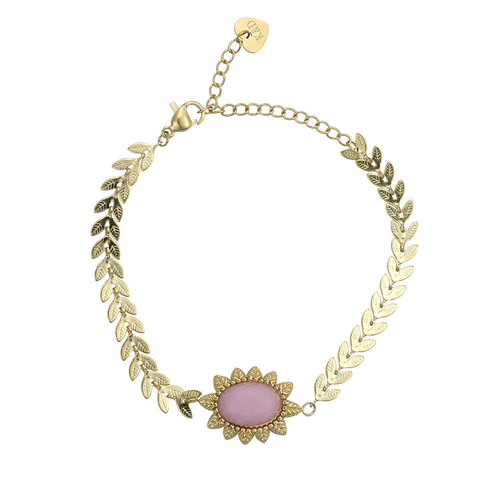 Gold & Pink Jade Semi Precious Stone Bracelet