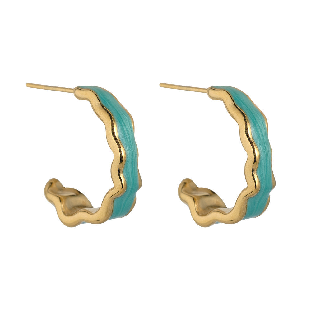 Gold & Aqua Wavy Hoop Earrings