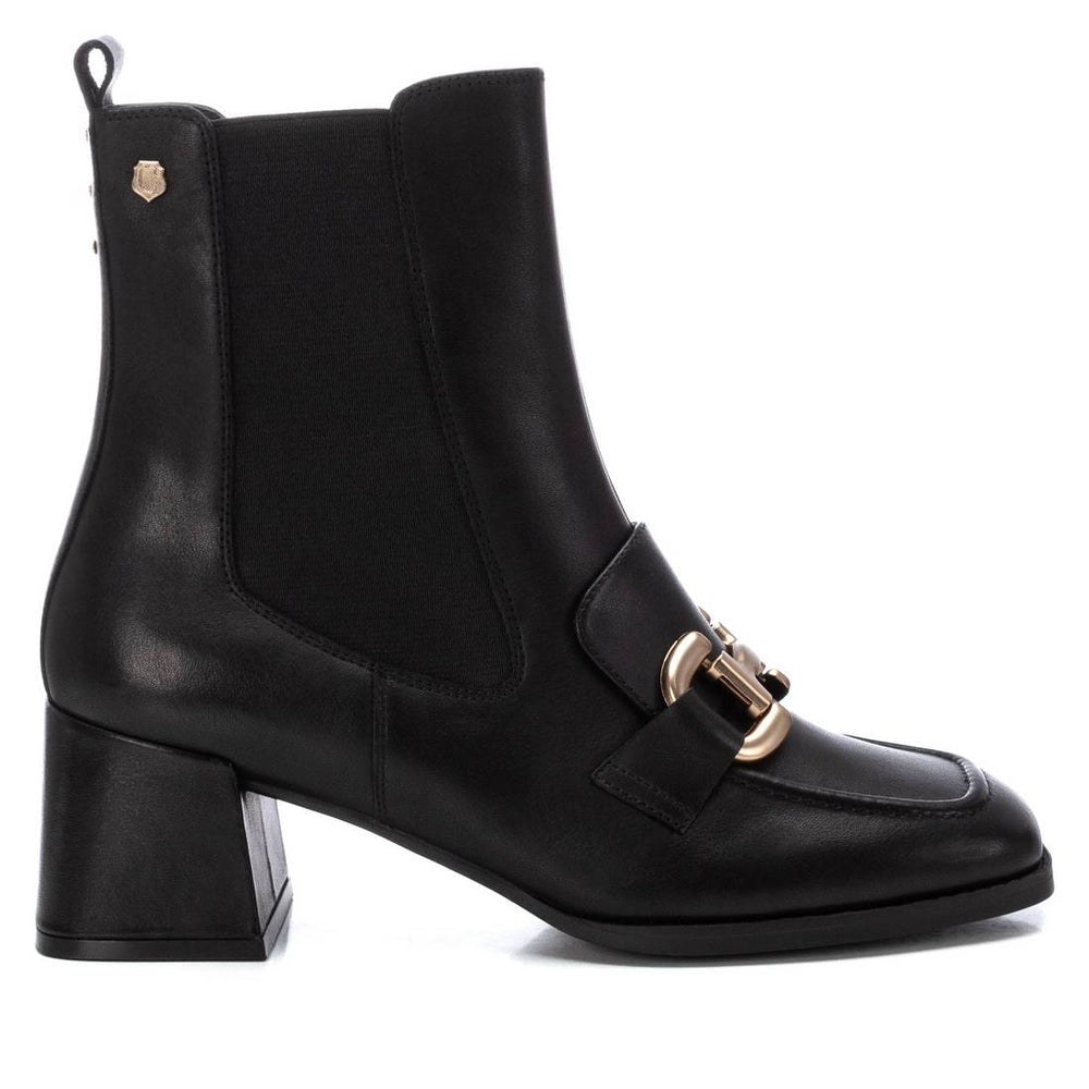 Carmela Black Leather Block Heel Boots with Gold Chain