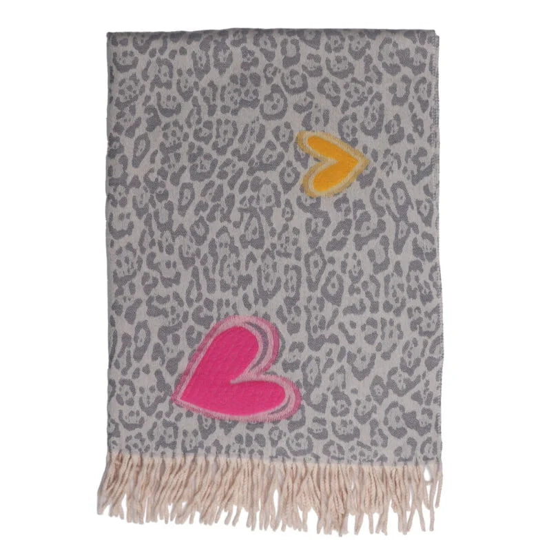 Grey Leopard & Heart Print Scarf