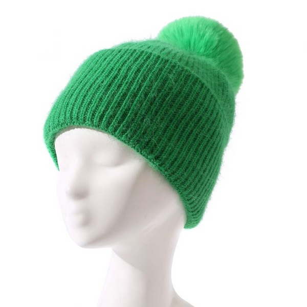 Green Faux Fur Pom Pom Hat