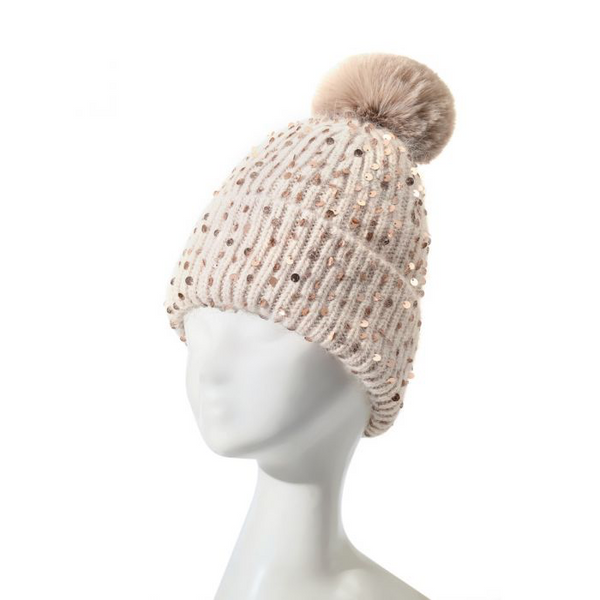 Beige Sequin Faux Fur Pom Pom Hat