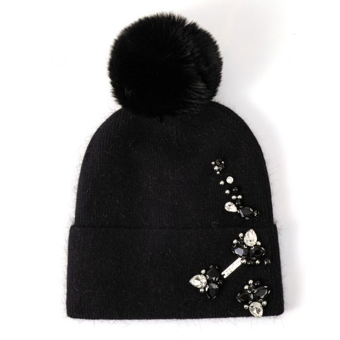 Black Embellished Faux Fur Pom Pom Hat