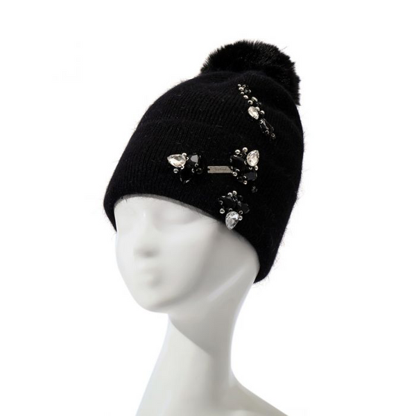 Black Embellished Faux Fur Pom Pom Hat