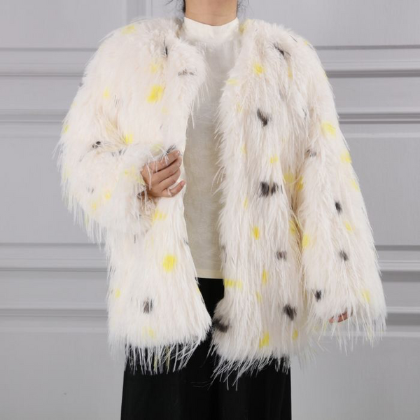 Ivory & Yellow Shaggy Faux Fur Cape Coat