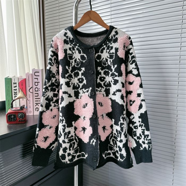 Black & Pink Abstract Print Cardigan