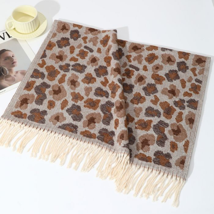 Brown & Beige Leopard Print Wool Scarf