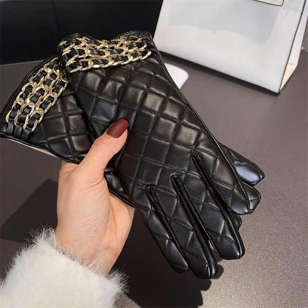 Black Quilted Gold Chain Faux Leather Gloves