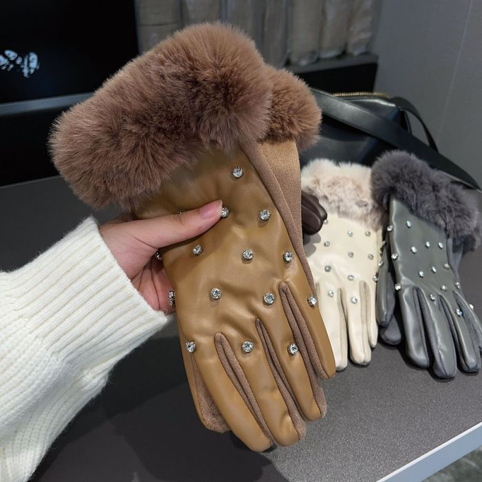 Taupe Studded Quilted Faux Leather Gloves