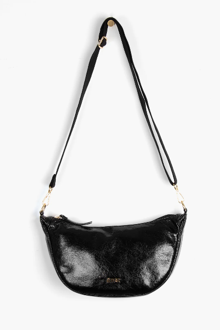 Bellamy Cracked Black Metallic Faux Leather Half Moon Handbag