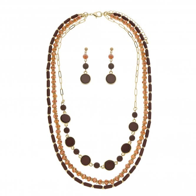 Rust Beaded Layered Necklace & Earrings Set