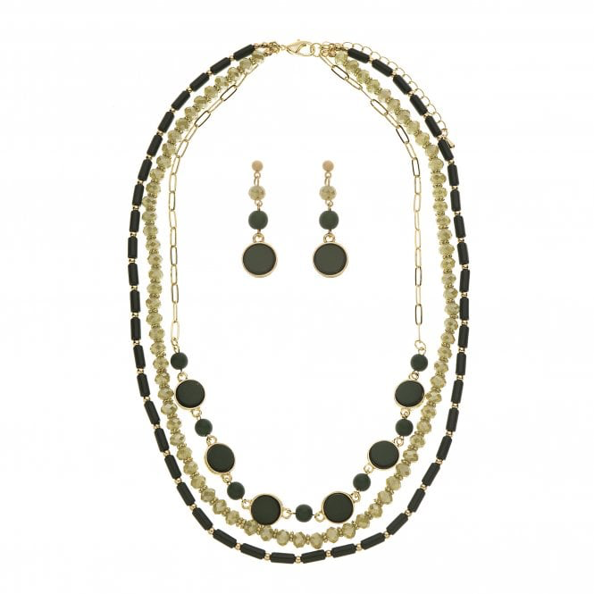 Green Beaded Layered Necklace & Earrings Set