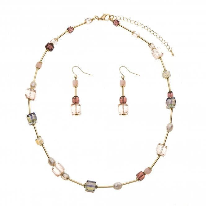 Pink Beaded Necklace & Earrings Set