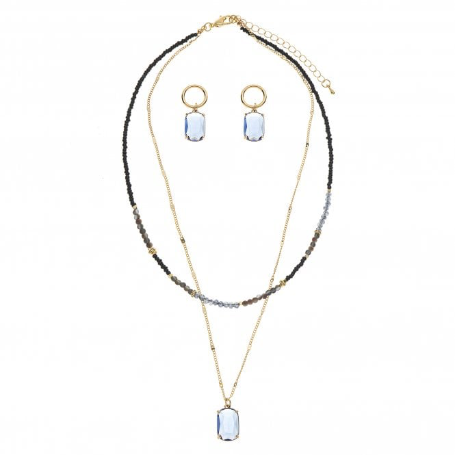 Navy Beaded Layered Necklace & Earrings Set